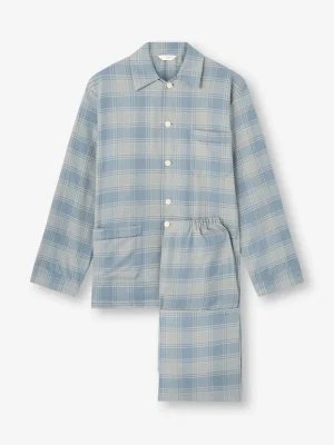 Derek Rose Warm Pyjamas|View All>Classic Fit Pyjamas Storm Blue & Ecru
