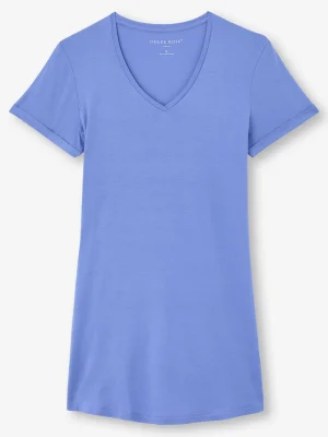 Derek Rose Mid Weight Pyjamas|View All>V-Neck Sleep T-Shirt Cornflower Blue